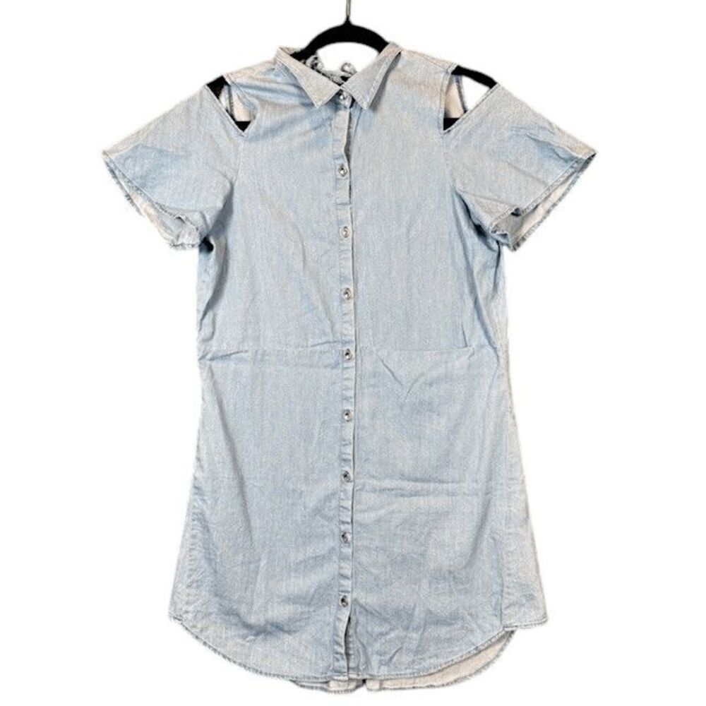 ZARA Chambray Blue Shirt Dress Collared Open Back Button Front Cold Shoulder XS‎